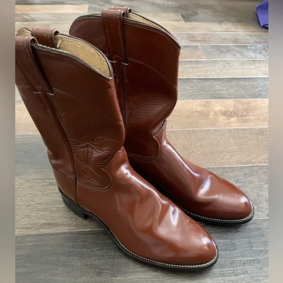 Vintage 80s Justin Cognac Brown Roper Cowboy Boots 7.5 - Picture 1 of 6